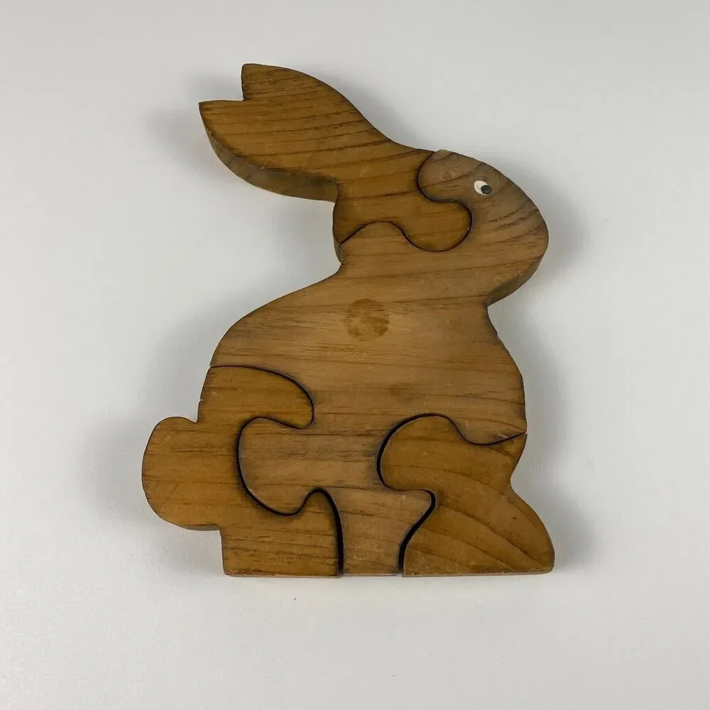 VTG Handmade Stained Wooden Bunny Jigsaw Puzzle Figurine Retro Decor 9